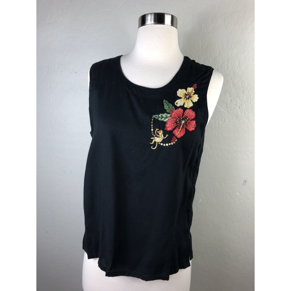 NWT PEPPERMINT BAY Womens M Sleeveless Top Monkey Floral Embroidered Black‎